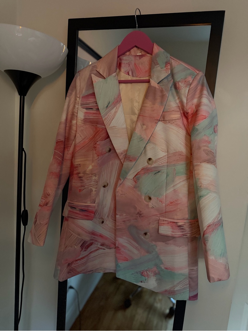 SHEIN Pastel Brushstroke Double-Breasted Blazer - Pink & Mint